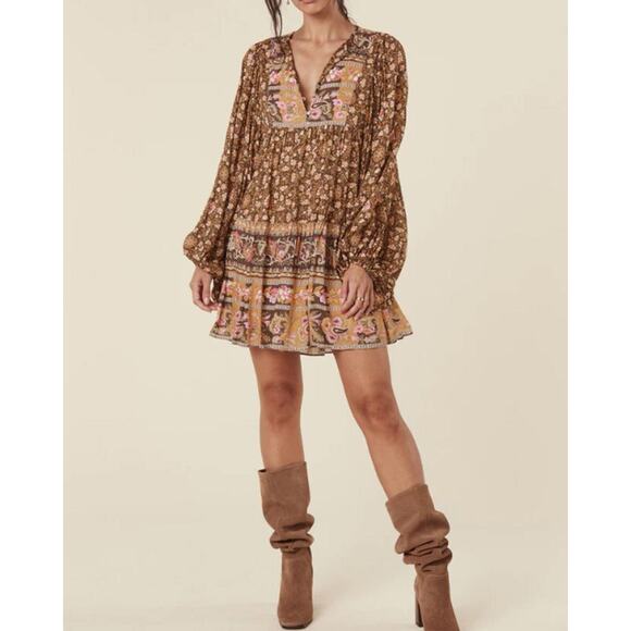 Spell Designs Madame Peacock Boho Mini Dress Coffee Brown Size Small - Picture 1 of 11
